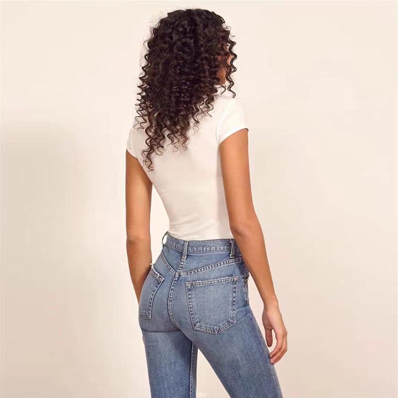GMXIA Summer Short Sleeve Women's Sexy Tight Cotton Ribbed O-Neck Bodysuit