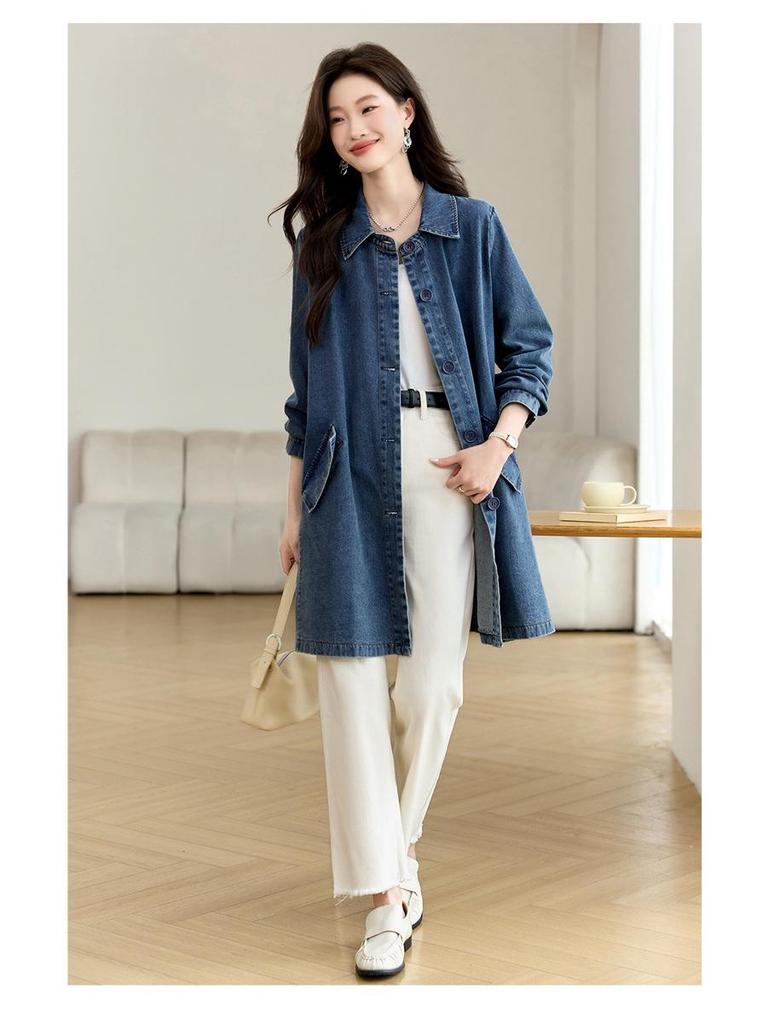 Women's Mid-Length Denim Trench Coat - 2025 Spring/Autumn Casual Korean Style, Slim-Fit, Loose Shirt Top