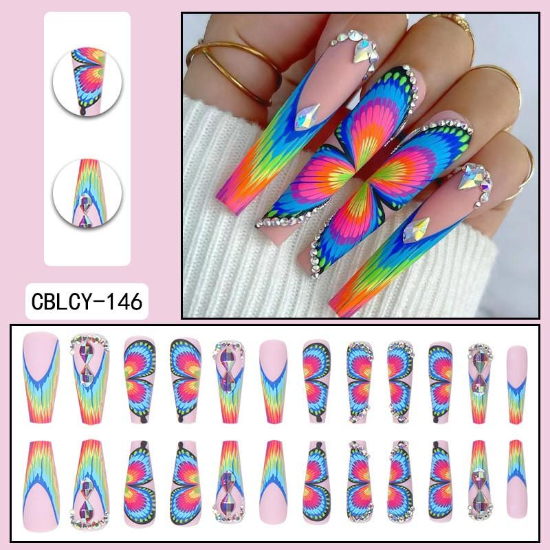 Long Press-On Nails With Adhesive Tabs Full Cover Fake Women INS Style Acrylic Nail Tips Reusable Wearable Art