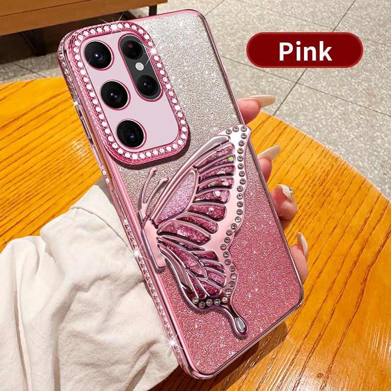 Diamond Glitter Liquid Quicksand Butterfly Phone Holder Case for Samsung Galaxy S25 S24 S23 S22 S21 S20 Ultra FE Plus Cover