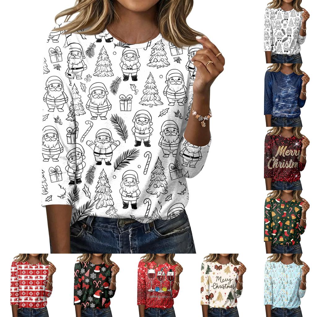 Women's Casual Christmas Print T-Shirt with Three-Quarter Sleeves and Neck Top