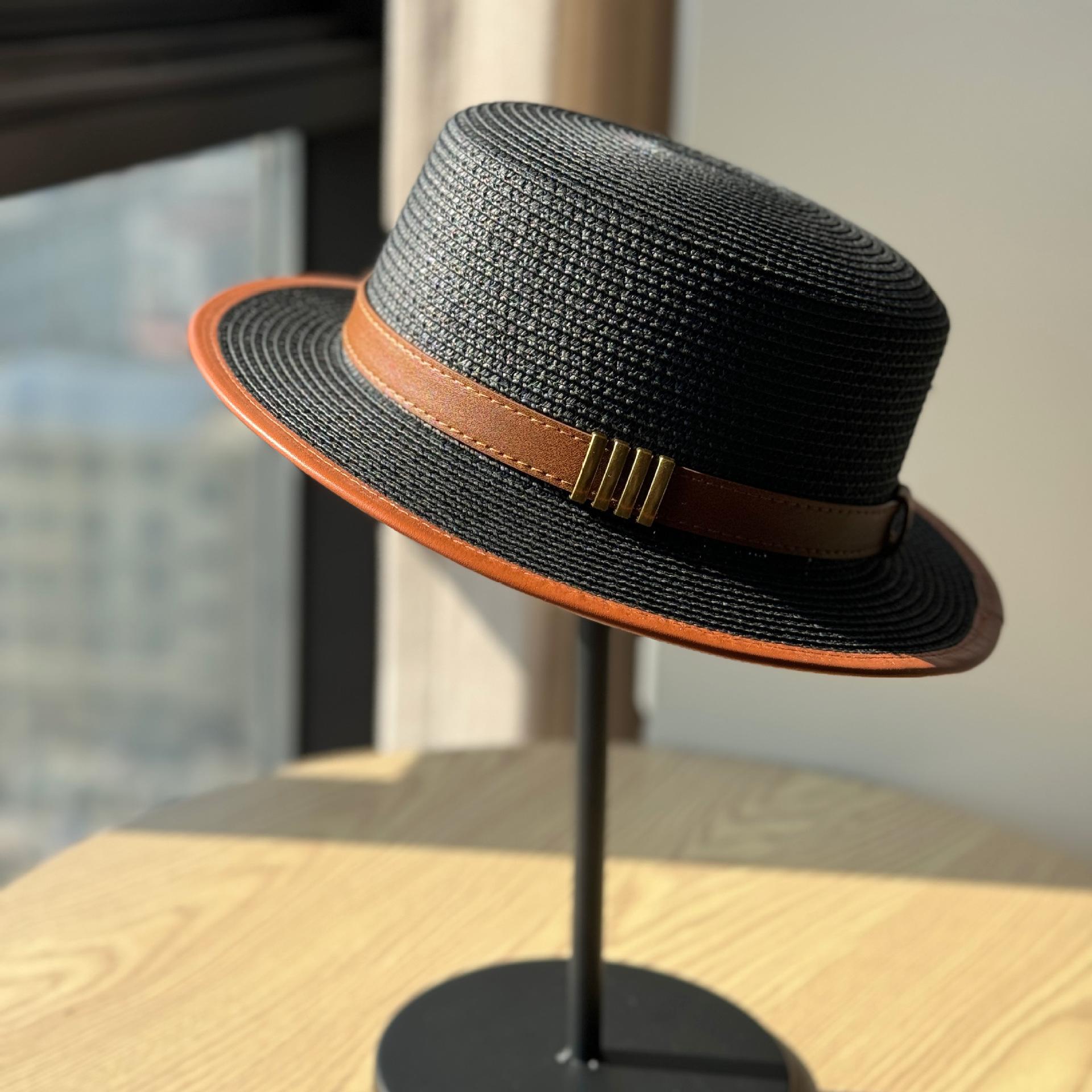 Summer Vacation Beach Straw Hat, Vintage British Style Flat-Top Sun Hat Adjustable чёрный