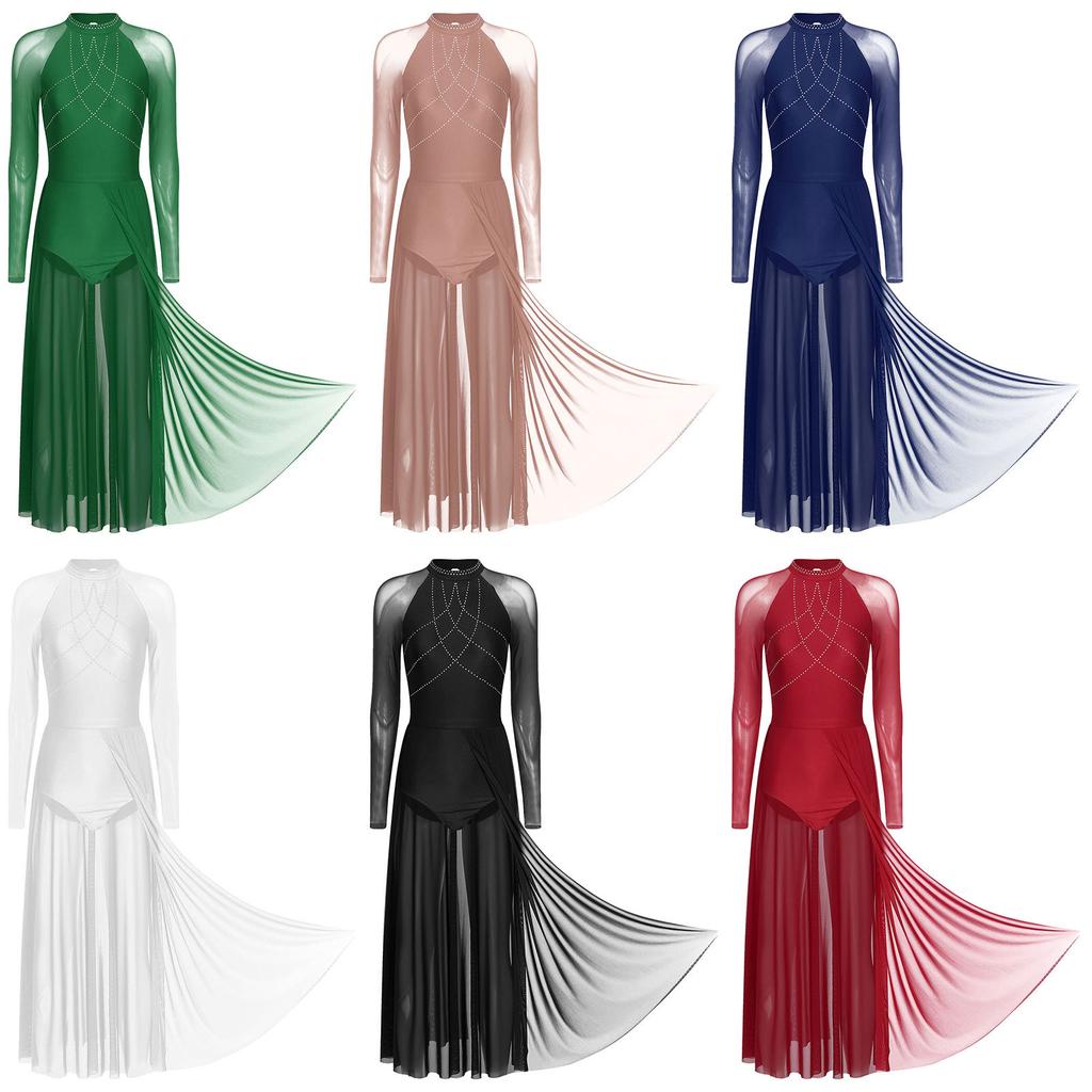 Women Modern Lyrical Dance Performance Dress Ballet Gymnastics Skating Leotard Dress Long Sleeve Rhinestone Sheer Mesh Dancewear