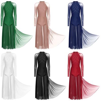 Womens Lyrical Dance Costume Glittery Rhinestones Sheer Mesh Patchwork Flowy Split Maxi Dress Keyhole Back Long Sleeve Mock Neck Leotard Dresses
