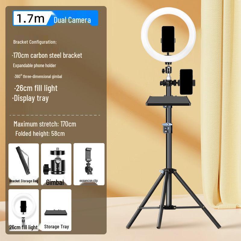 Dual Phone Live Streaming Stand with Multi-Camera Holder and Fill Light for Douyin