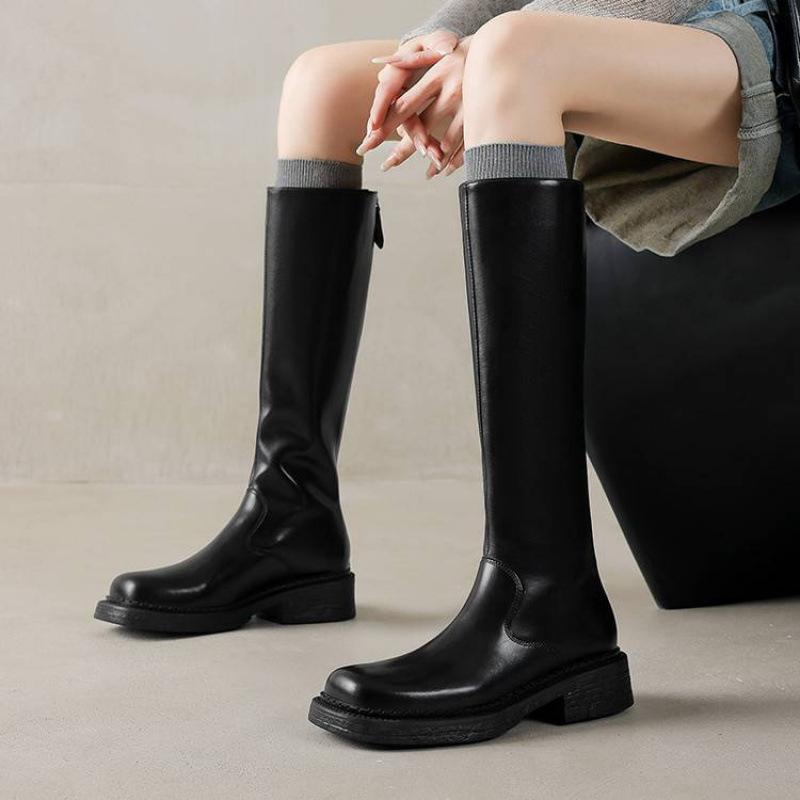 Autumn and Winter Solid Color Leather Large Size Women's Tall Boots Cowhide Middle Heel Comfortable Zipper Fashion Boots New Women's Boots