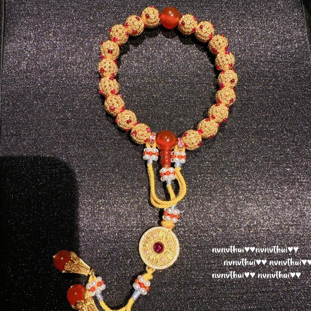 Ancient Gold, Silk Chisel Carved Pine Flower Eighteen Seeds Safety Buckle Bracelet, New Chinese Style, Vajra Pestle Flower Window Necklace