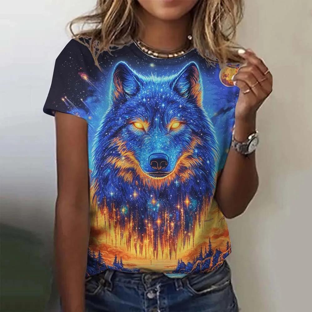 Sommer Rundhals 3D Tier Wolf Muster Druck Top Modische Lässige Kurzarm Damen T-Shirts