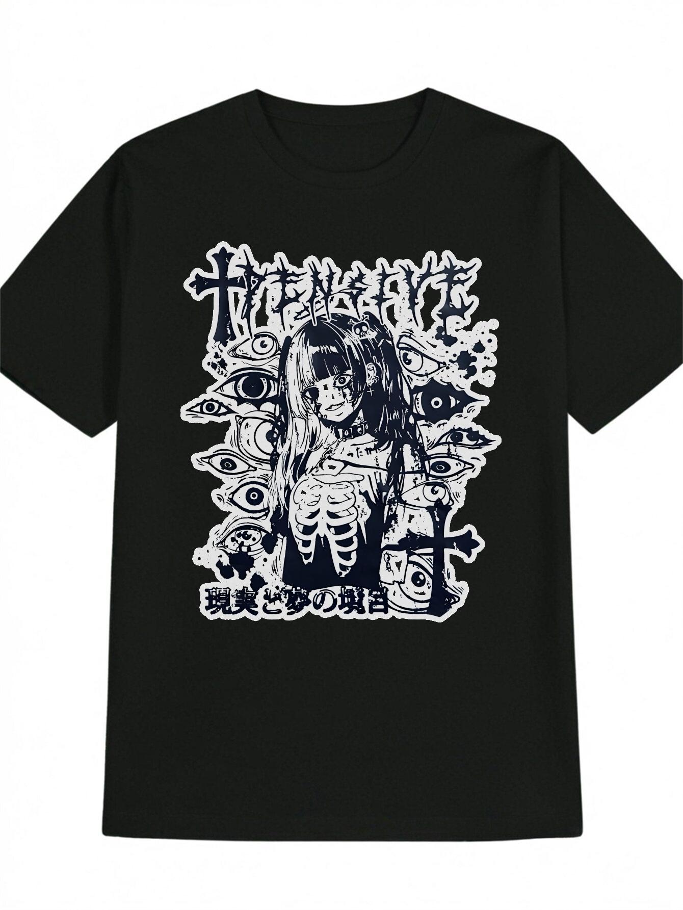 Casual Graphic Print T-shirt - Black Crew Neck Tee with Eye-Catching Skeleton & Japanese Design XL