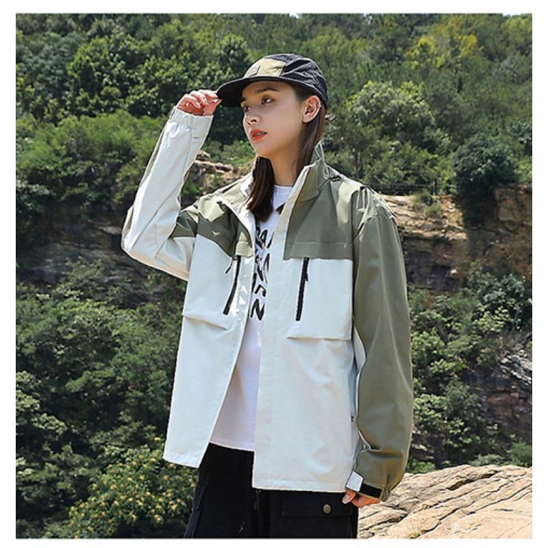 Autumn Couple Color Matching Jacket Thin Single Punch Splicing Trench Coat Loose Outdoor Windproof and Waterproof