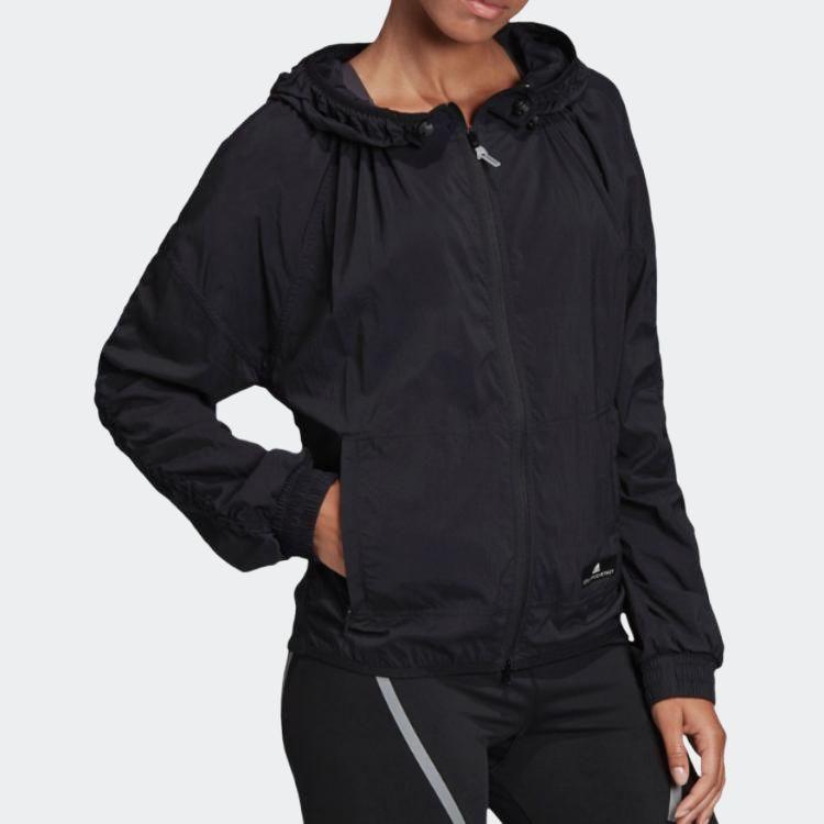 Adidas Hooded Windbreaker Solid Color Zip Long Sleeve Jacket Women Jackets Black EB4063