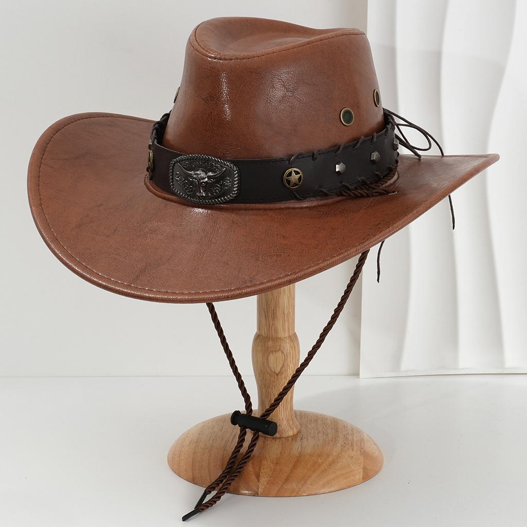 Large Brims Western Hat PU Leather Top Hat with Bull Head Belt for Costume Parties Halloween Dressingup Props Headwear
