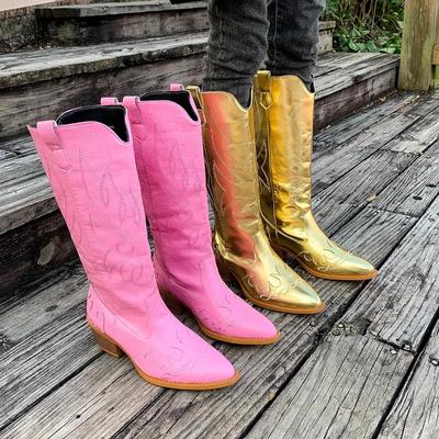 Winter Damenmode Spitzschuh Bestickte Western Cowboystiefel Retro Knight Mid-Calf Stiefel Plus Size