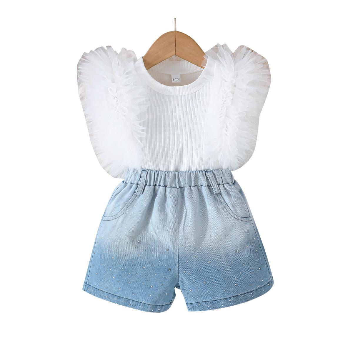 New Girls Pink Mesh Ruffled Sleeveless Top + Gradient Hot Drilled Diamond Denim Shorts Set 2-3Y белый