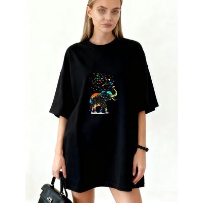 T-shirt Oversize Nera con Stampa di Elefanti Colorati Per Abbigliamento Casual