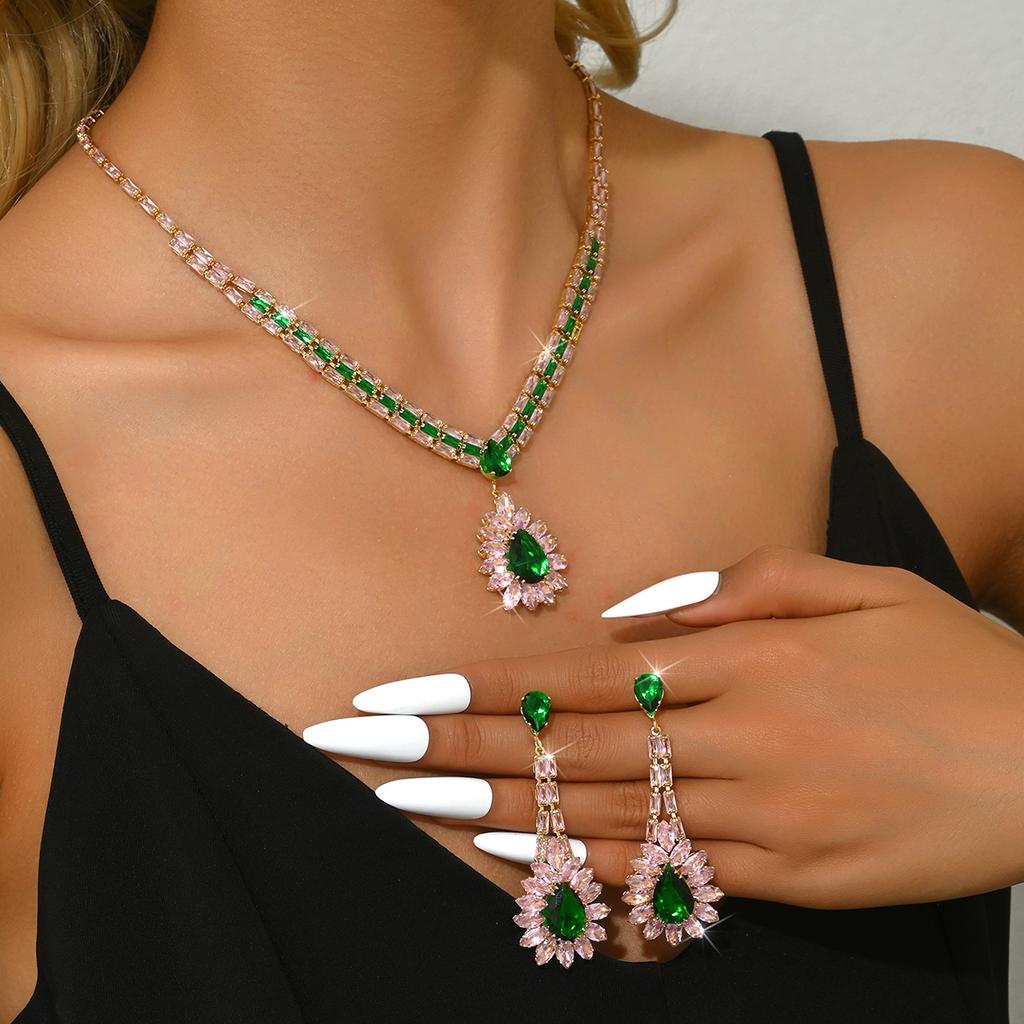 3PC Women's Fashion Zircon Series Water Drop Leaf Necklace Earrings Zircon Set Suitable for Wedding, Party, Festival Gifts-8559