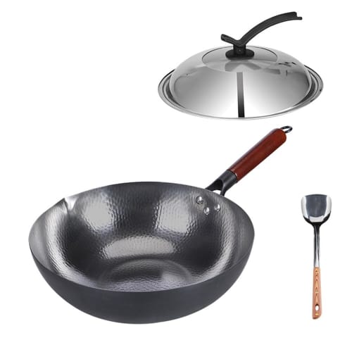 YQW Iron Wok, Frying Pan, Traditional Iron Pan, Uncoated, Healthier, Non-Stick, Easy To Clean, Suitable for Deep Frying, Stir-frying, Stewing, and Sti
