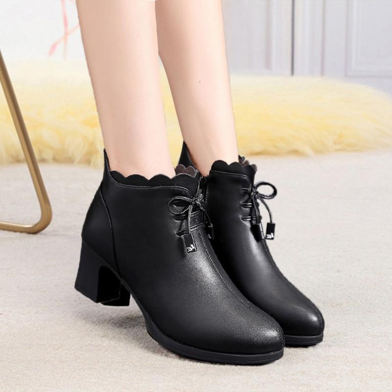 Γυναικείες Μποτάκια Μέχρι τον Αστράγαλο Φθινόπωρο Χειμώνας Ζεστά Μποτάκια Μαύρα Δερμάτινα Παπούτσια Γυναίκα 2024 Νέα Φερμουάρ Τετράγωνο Τακούνι Γόβες Zapatos De Mujer