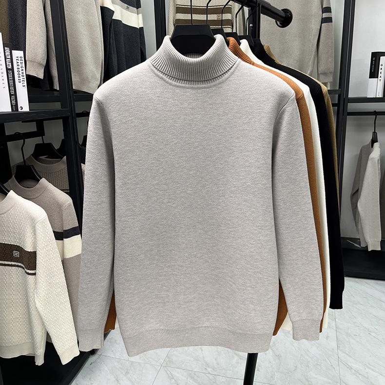 Men's Fashionable Thick Knit Pullover with Double-Fold High Neck, Fleece-Lined for Warmth, Solid Color, Perfect for Middle-Aged and Young Adults.