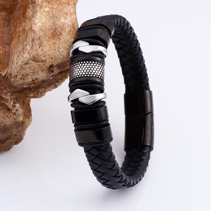 16MM Wide Stainless Steel Wrap Bracelet for Man Black Genuine Leather Men's Bracelets Bangles with Magnet Clasp Engraved Gifts