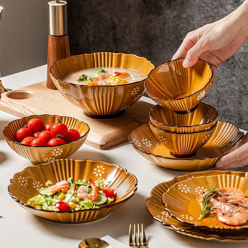 European Light Luxury Retro Style Dish Set High Sense Household Plate Underglaze Color Tableware Ceramic Soup Bowl Rice Bowl