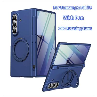 With Pen 360 Rotating Magnetic Phone Case for Samsung Z Fold 8 7 6 5 4 3 Lens Protect Tempered Glass Film Drop Resistant Cover