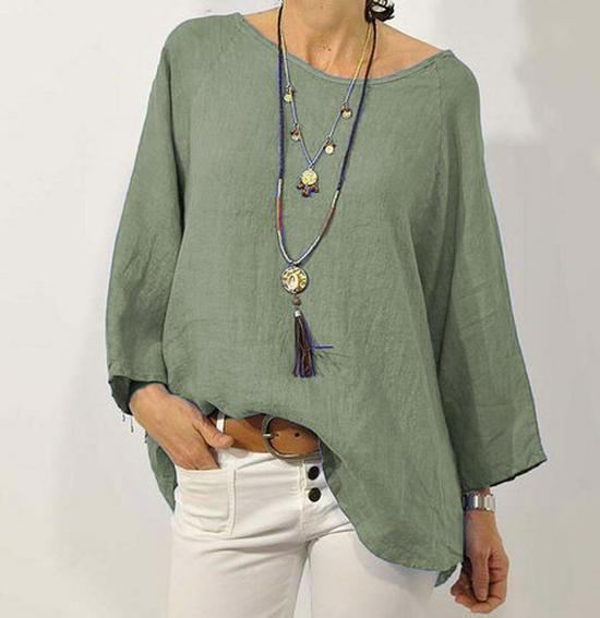 In Stock 2025 Women's Solid Color Cotton Linen Raglan Sleeve Round Neck Top