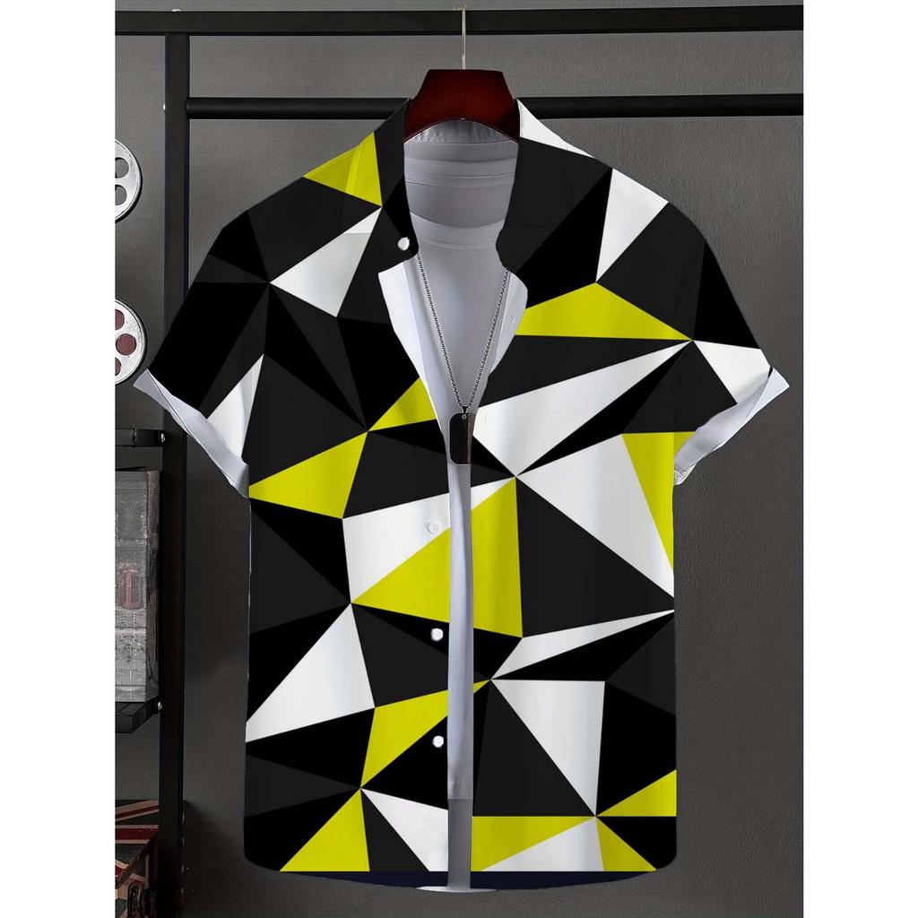 Men's Shirt with Novel Striped Patchwork Pattern Button Up Shirt, Fashionable Unisex Shirt, Vacation Collar Short Sleeved Shirt