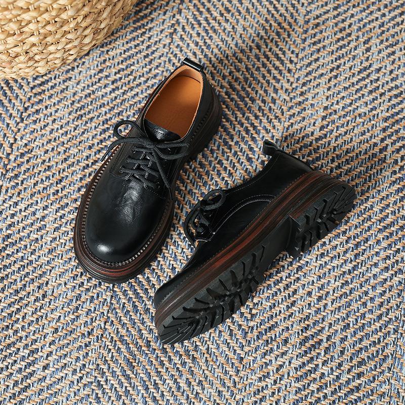 Small Leather Shoes Women's 2025 Spring Lace-up Retro British Style Round Head Thick Heel Single Shoes High-end Polished Loafers