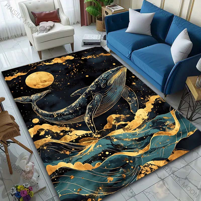 1PC Golden Whale and Moon Print Carpet Rug for Living Room Bedroom Sofa Doormat Home Decor Non-slip Floor Mat