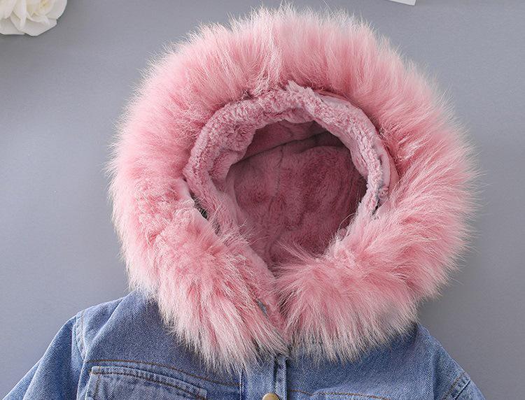 Korean Style Girls' Winter Denim Coat with Big Fur Collar and Velvet Lining
