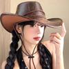 Leather leaf pattern western cowboy hat - all-season unisex wide brim sun hat for outdoor camping and sun protection