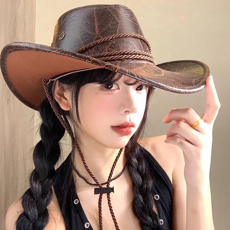 Leather leaf pattern western cowboy hat - all-season unisex wide brim sun hat for outdoor camping and sun protection