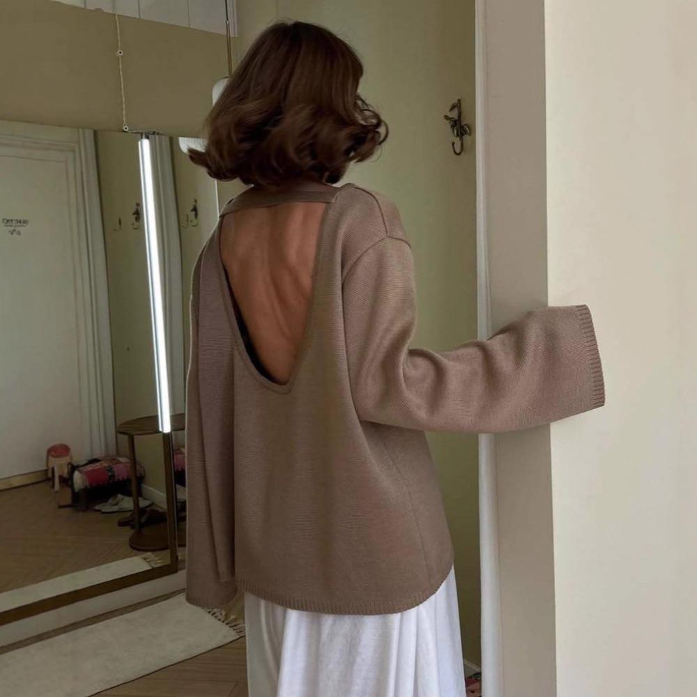 Europe, America, sweater women s autumn and winter, casual lazy style soft waxy loose back u-neck design knitted sweater S коричневый