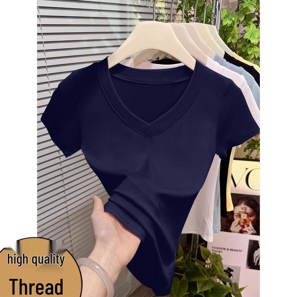 Plus Size Women's V-Neck Ribbed T-Shirt - Korean Style Bestseller, Short Sleeve, Spring/Summer Fashion, High Quality Solid Color Base Layer.