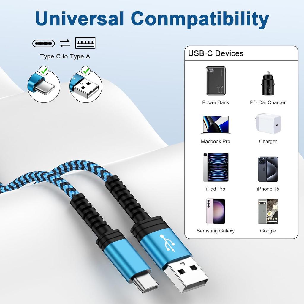 USB to USB C Cable 10FT Long Braided USB A to Type C Charger Fast Charging Power Cord for Samsung Galaxy A17/A16 5G/A15/A56/A36/A55/S25 Edge/S24