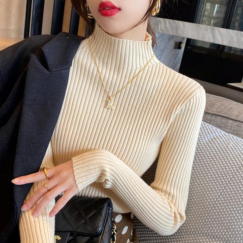 Solide schlanke Pullover Frauen gestrickte Pullover halb High Neck Langarm Topd Bottoming Shirt Jumper