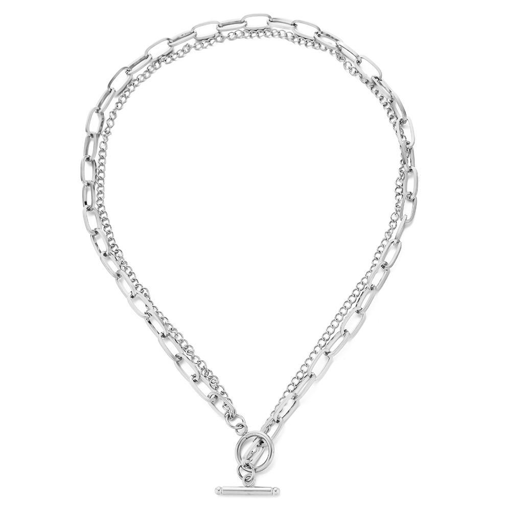 Minimalist Stainless Steel Double-Layer Square Chain Necklace with OT Toggle Clasp - Women's Hip Hop Jewelry