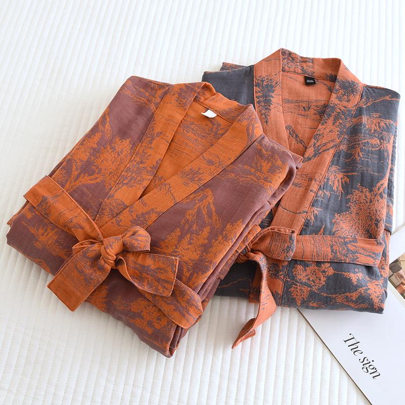 Men's Cotton Jacquard Long Sleeve Robe with Belt - Comfortable Couple Style Bathrobe.
