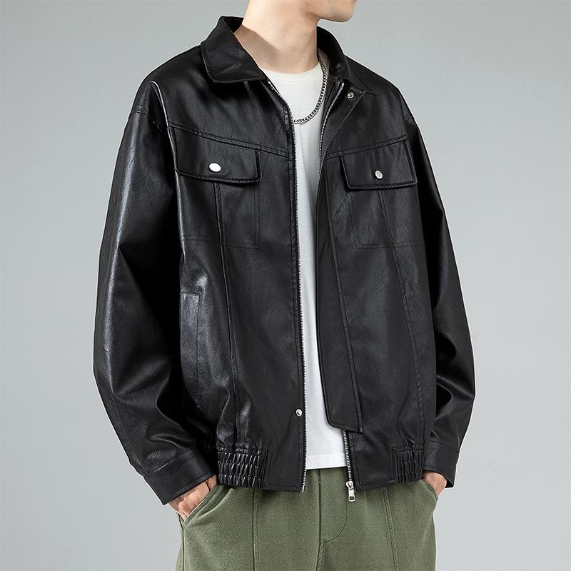 Men's Lapel Leather Jacket Autumn and Winter New Men's Youth Hong Kong Style Casual Loose Leather Jacket