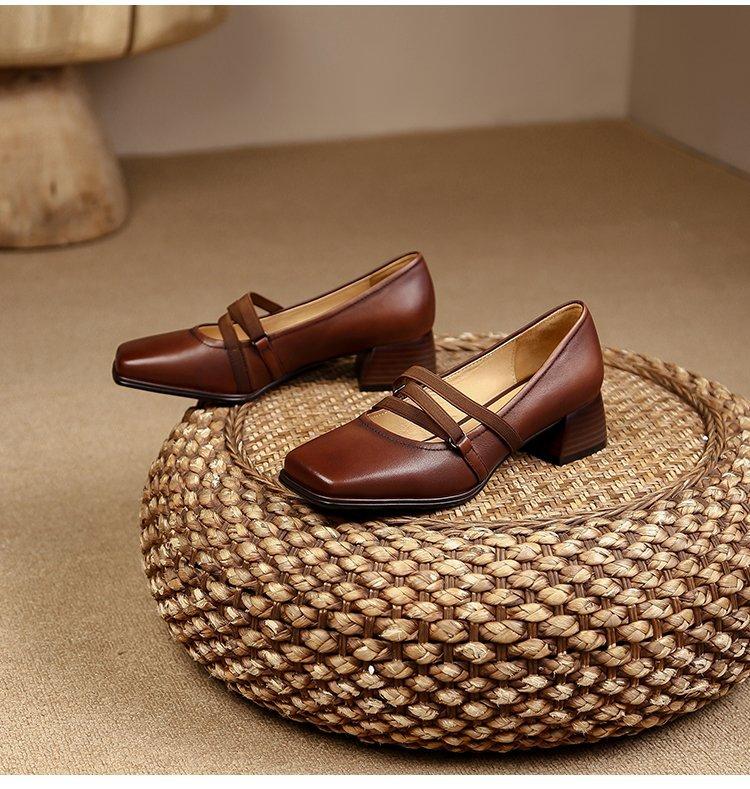 

Ретро ремешок квадратный носок толстый каблук туфли-одиночки женские 2024 весна новые французский нишевый легкий вырез средний каблук туфли Мэри Джейн женские 39 коричневый