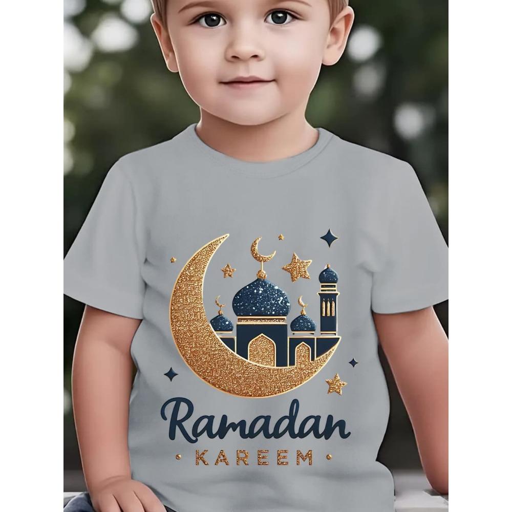 Eid Mubarak Moon Star Printed Kids Shirts Eid Ramadan Child T-Shirt Tops Islamic Muslim Holiday Boys Girls Short Sleeve