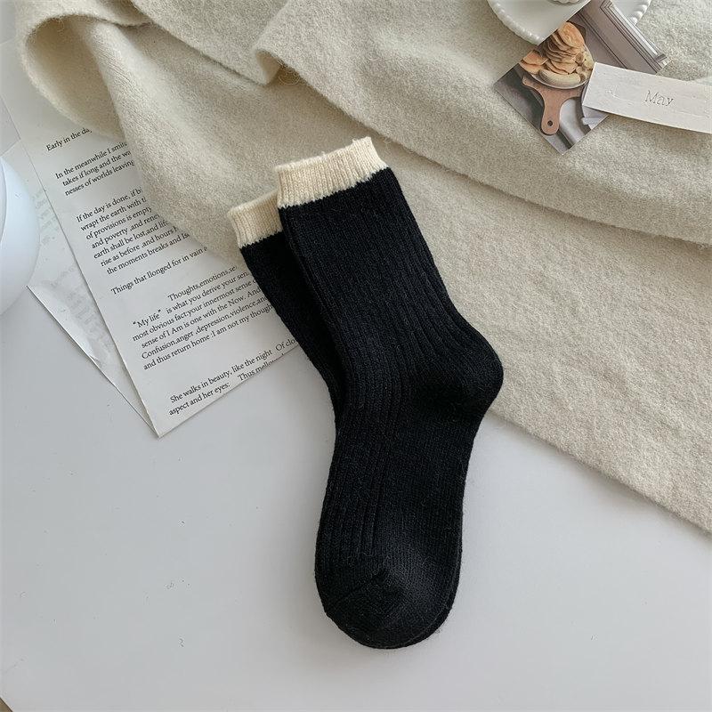 Color-Blocking Double-Needle Merino Wool Socks New Women'S Socks Thickened Warm Mid-Leg Socks Cold-Proof Socks