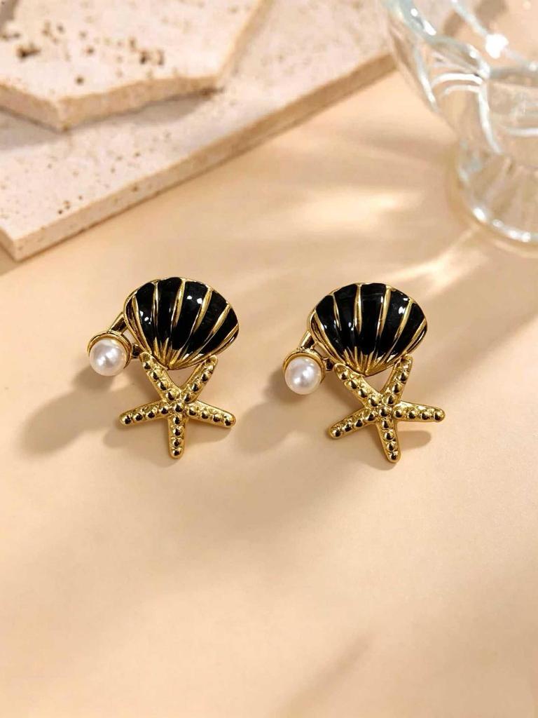 Cross-Border Glazed Starfish & Shell Pearl Stud Earrings - Light Luxury Beach Jewelry