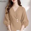 Women Casual V-neck Solid Color Long Sleeve Blouse