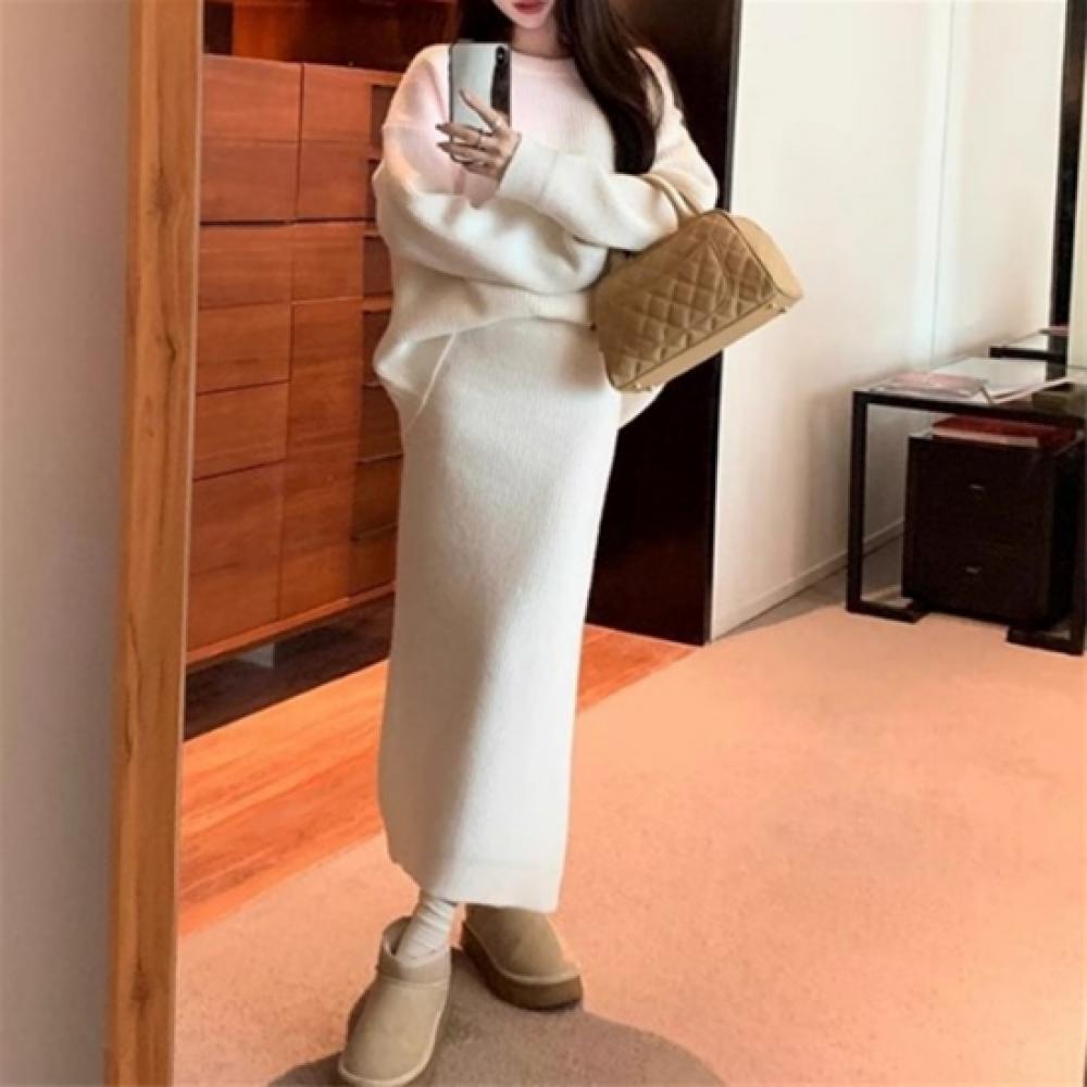 New Arrivals Open Run Women Oversized Knit Long Skirt Slit Set Rib Design