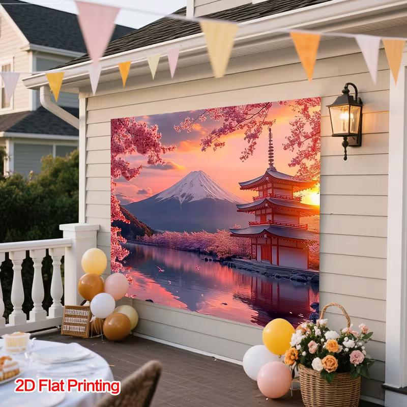 2D Mount Fuji Cherry Blossom Sunset Backdrop Japanese Temple Decor