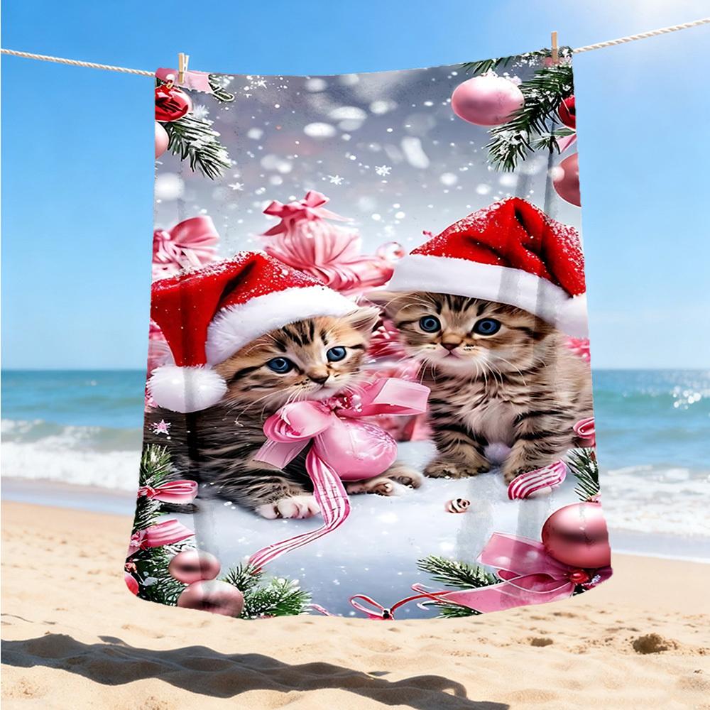 1pc Christmas kittens Outdoor Flannel Blanket Soft All Season Polyester Throw , Perfect for Picnics & Travel , Picnic Accessory