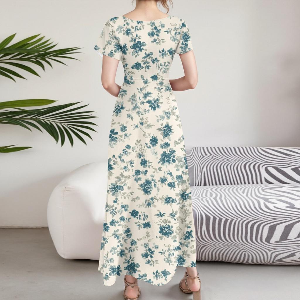 Damen Sommer Blumenmuster V-Ausschnitt Kurzarm Maxikleid Fließendes A-Linien Maxikleid Bohemian Urlaubs Strandkleid