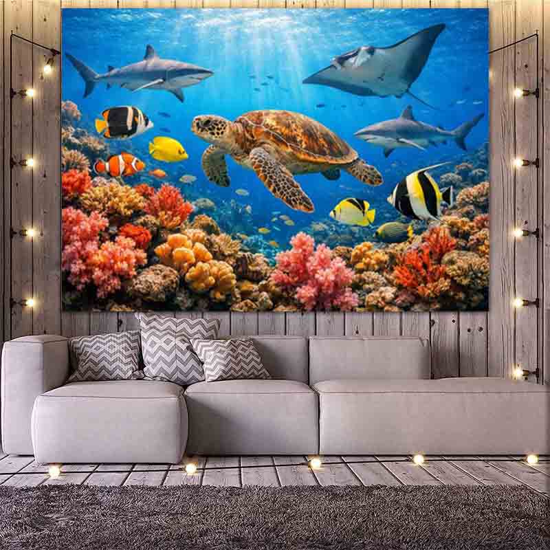 Underwater World Sea Turtle Shark Coral Photography Backdrop Ocean Marine Animal Kids Birthday Party Photo Background De